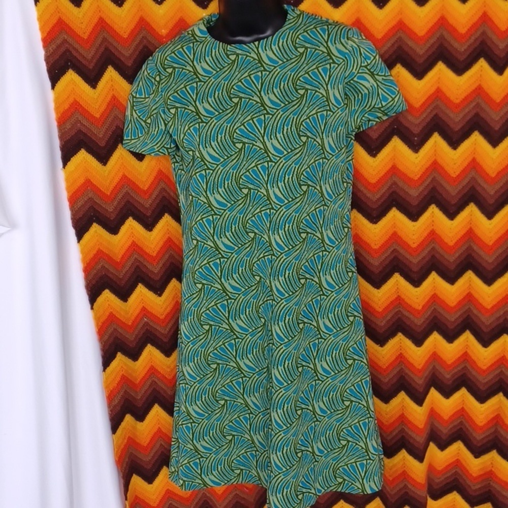 1960's Psychedelic Dress, Sz S, Green/blue, Handmade, 18" PTP, 34" L